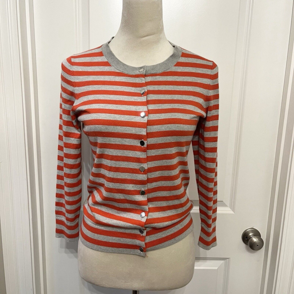 BANANA REPUBLIC Striped Silk Blend Cardigan Sweater Women’s Heather Gray Red S